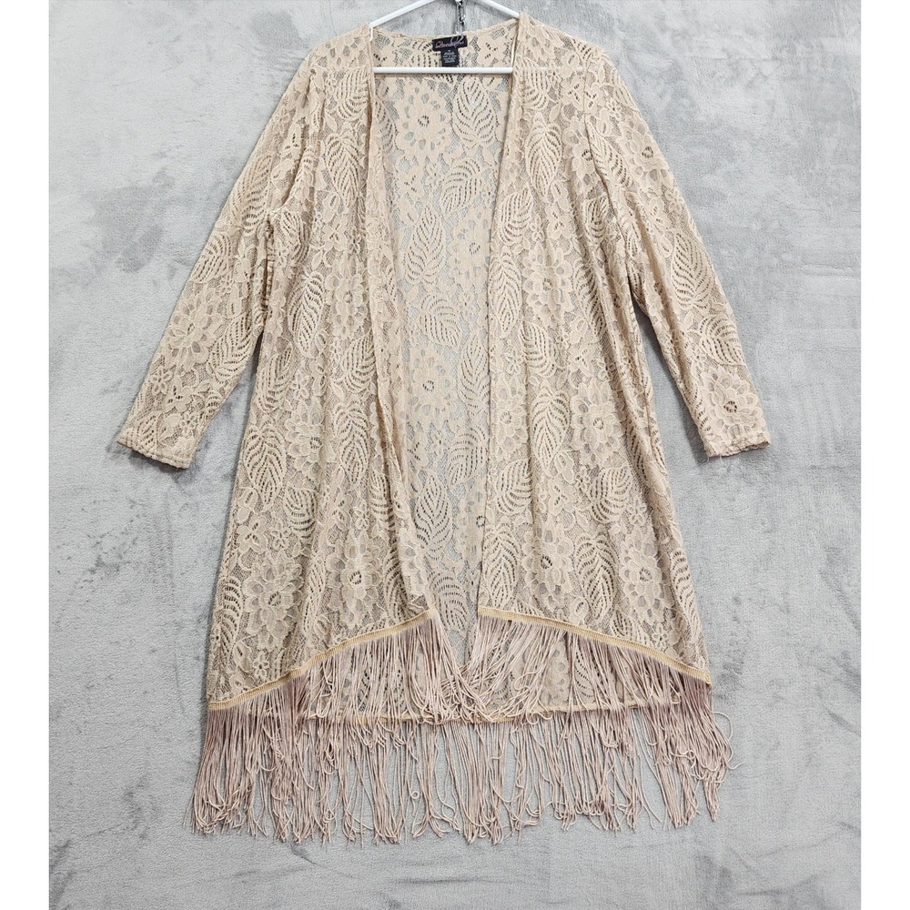 Questions Cardigan Women 1X Beige Lace Kimono Fringe Hem Duster Boho Cottagecore